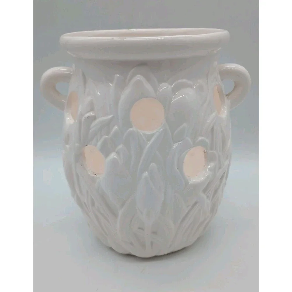Vtg Spring Bulb Planter Crocus Handled Porcelain White